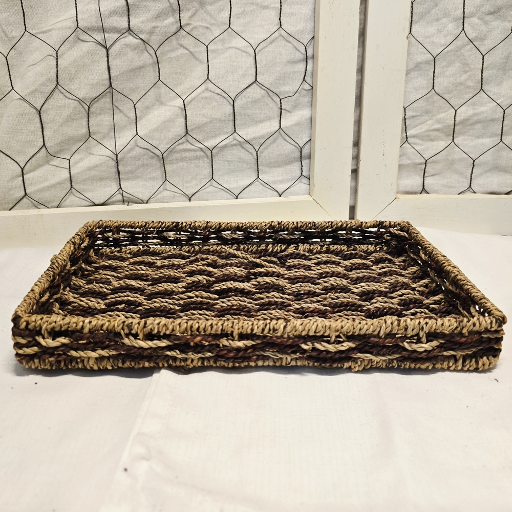 Woven Seagrass Serving Basket Tray Two Tone Brown Tan Country Home Organizer